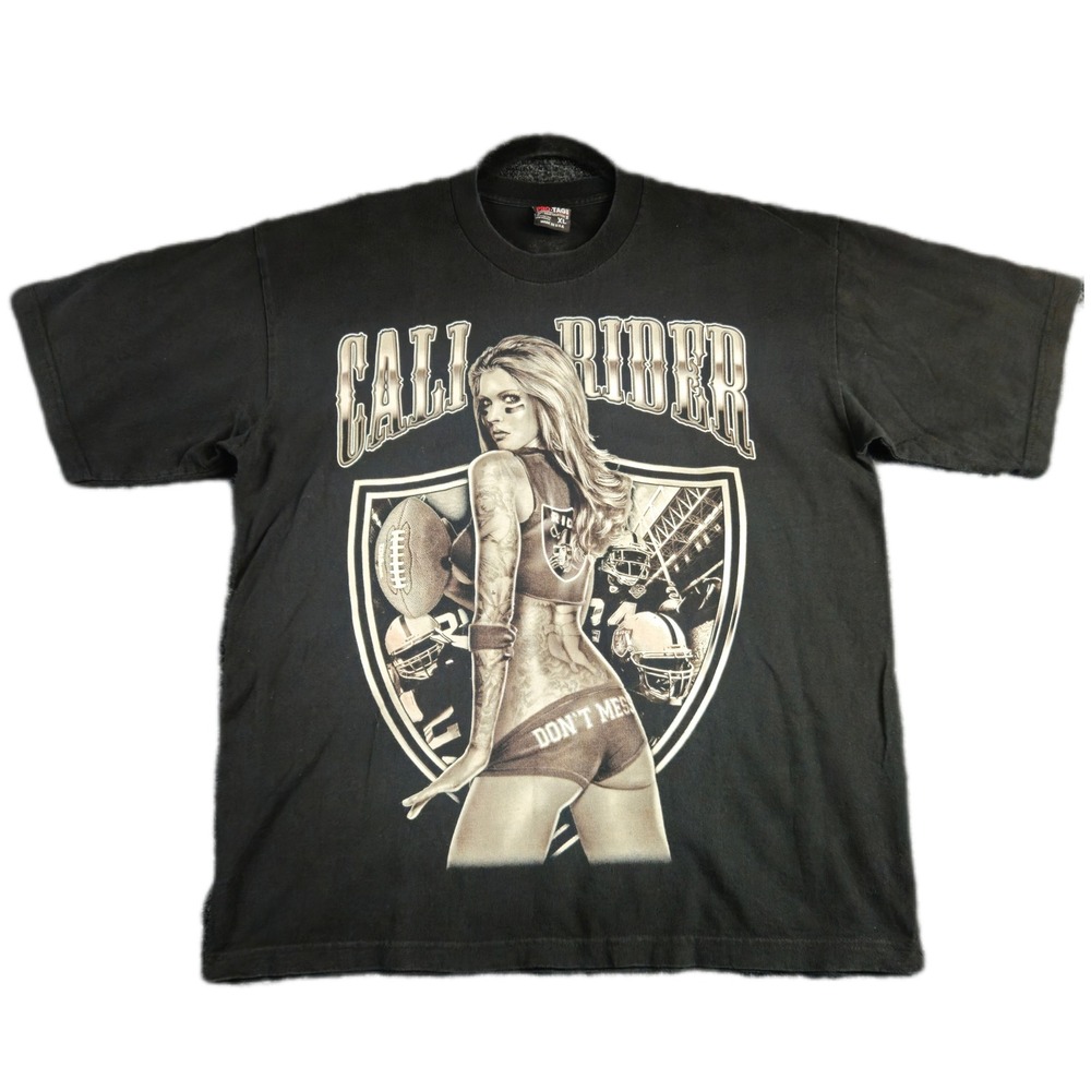 CALI RIDER Tattoo Girl T-Shirt Mens Large Black Oakland Raiders Pinup Don't Mess